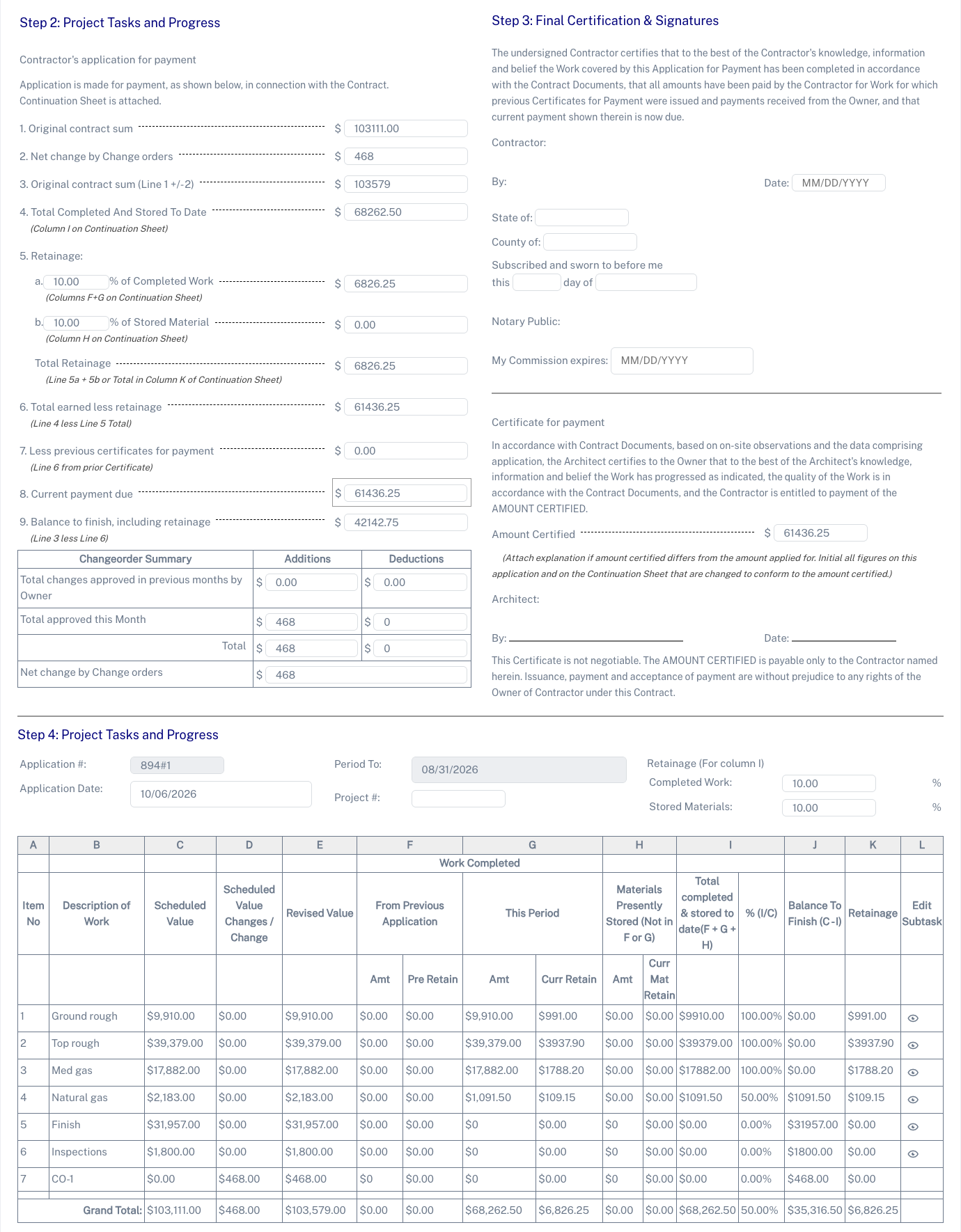Payment application showing contract sum, change orders, retainage, current payment due, and a continuation sheet of work completed by task.