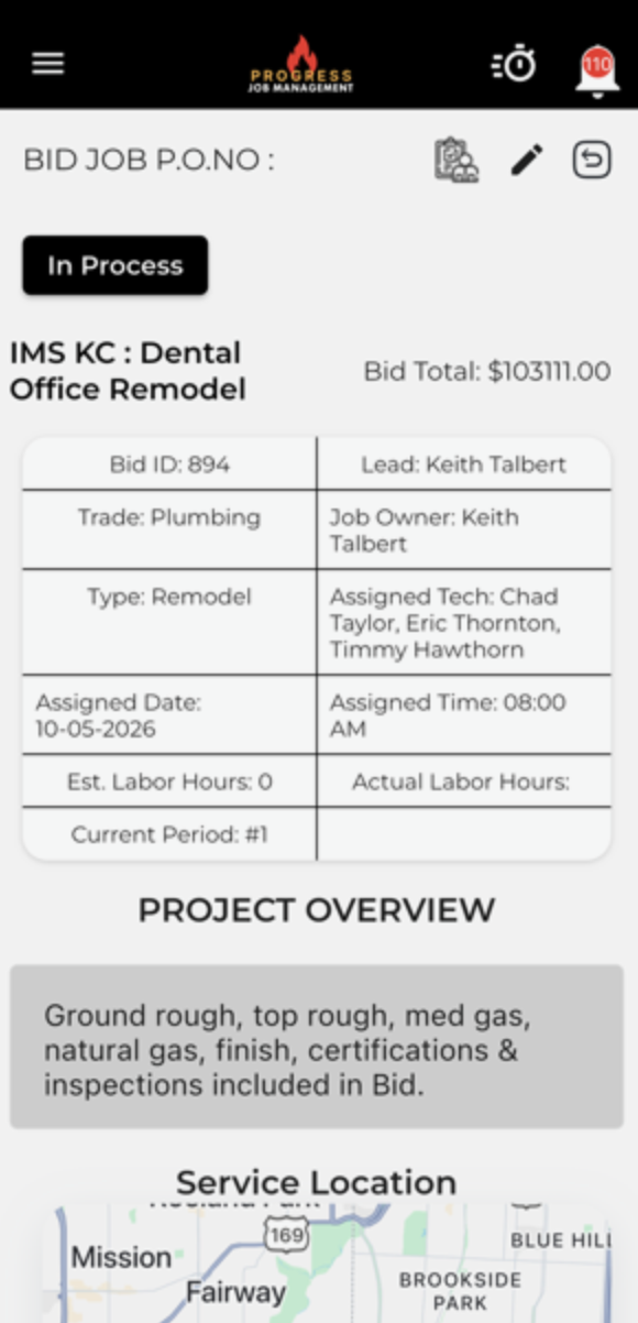 Mobile app view of a bid job with bid total, job details, project overview, and service location map.