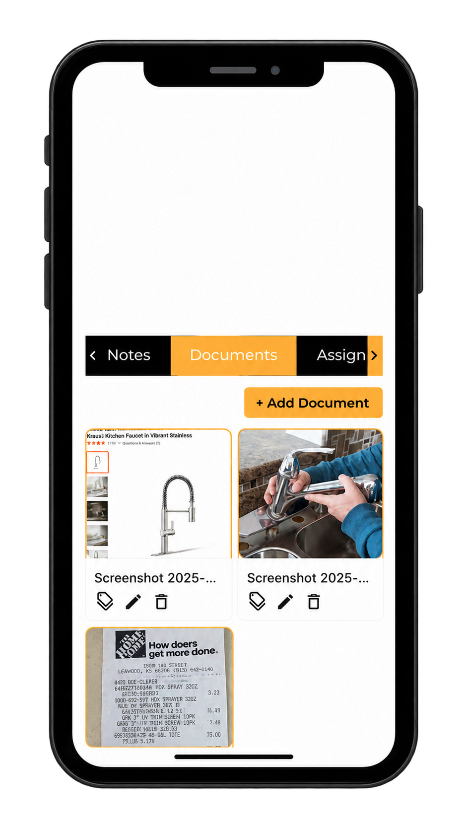 Progress mobile app showing a job's Documents tab with the work needing performed note to replace a kitchen faucet, photos of the faucet and the installation, and an Add Document button