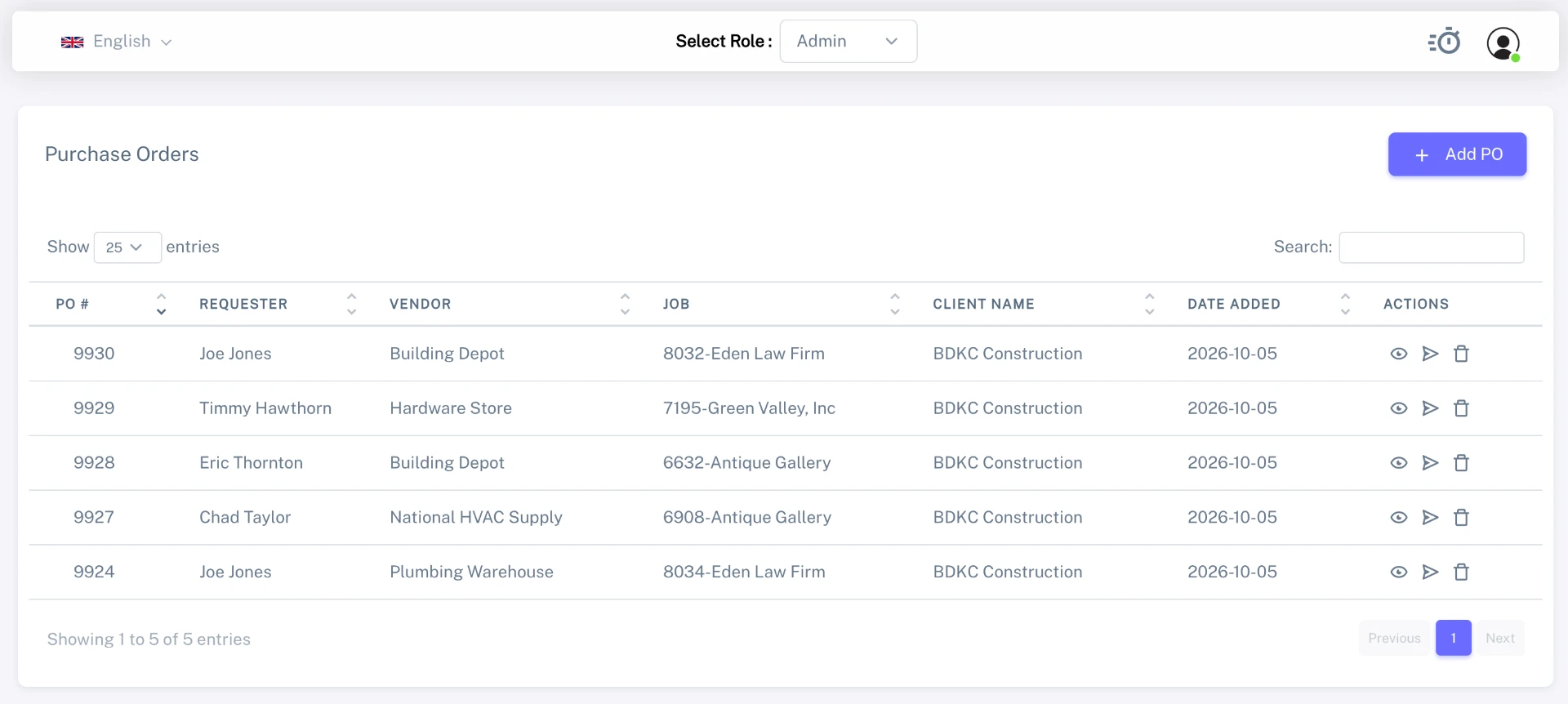 Purchase orders list showing PO numbers, requesters, vendors, linked jobs, client names, dates added, and view, send and delete actions.