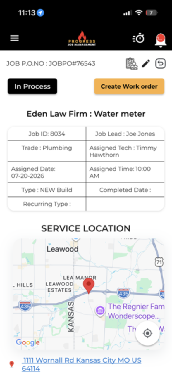 Mobile app view of a job with details and service location map.
