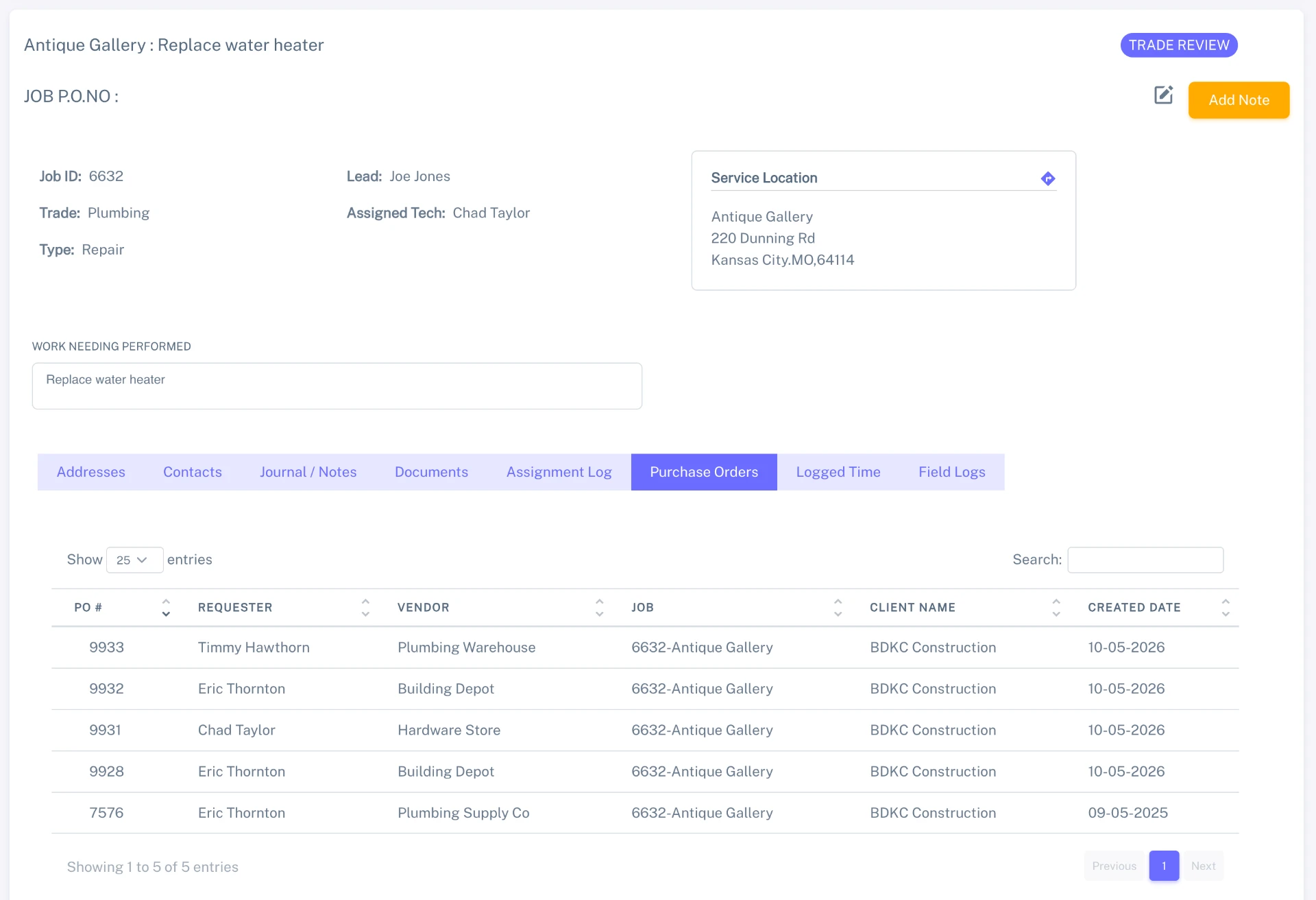 Job detail page showing purchase orders linked to the job.