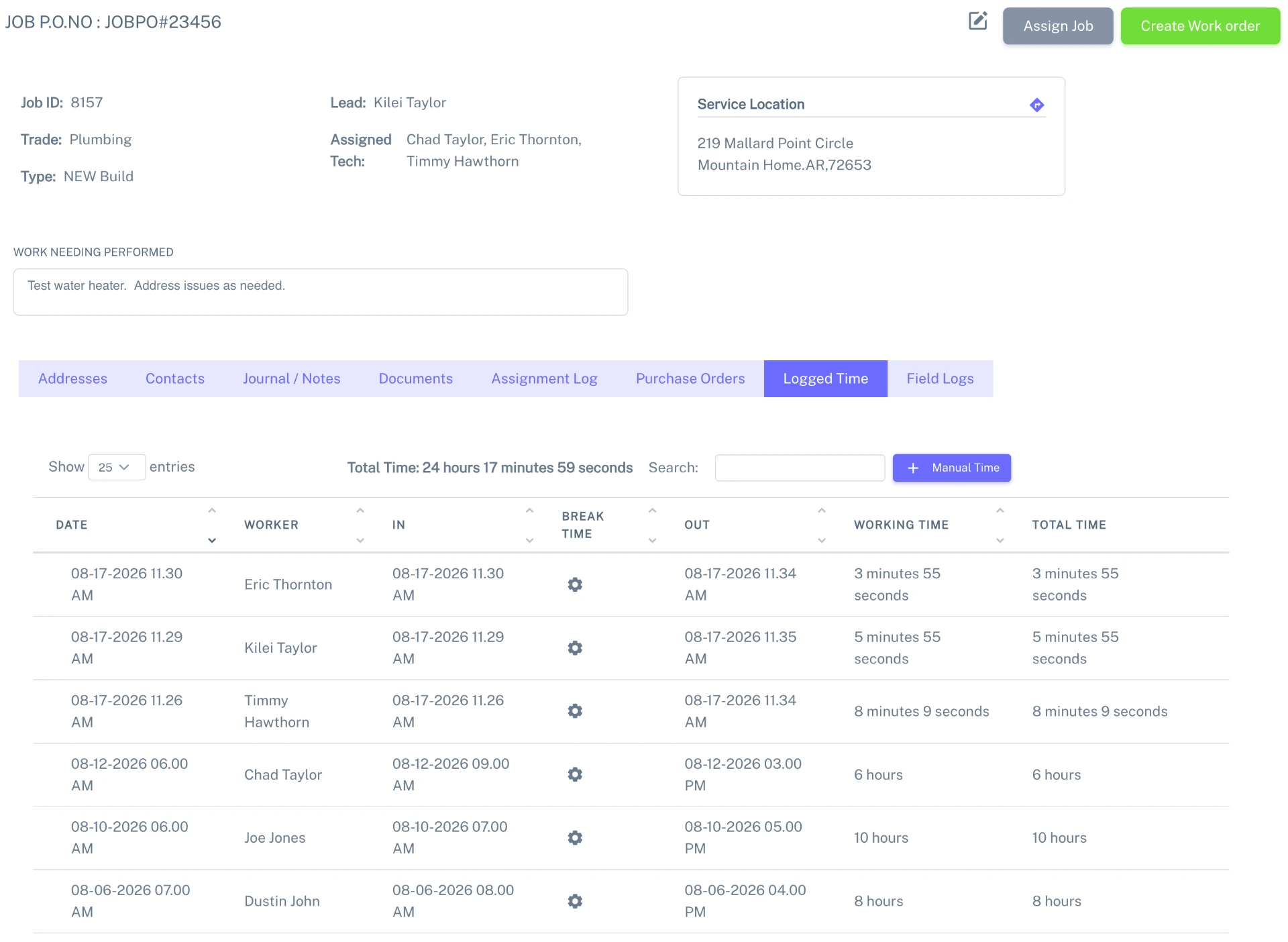 Job detail page showing logged time entries for each worker with clock-in, clock-out, break, working time, and a total time summary