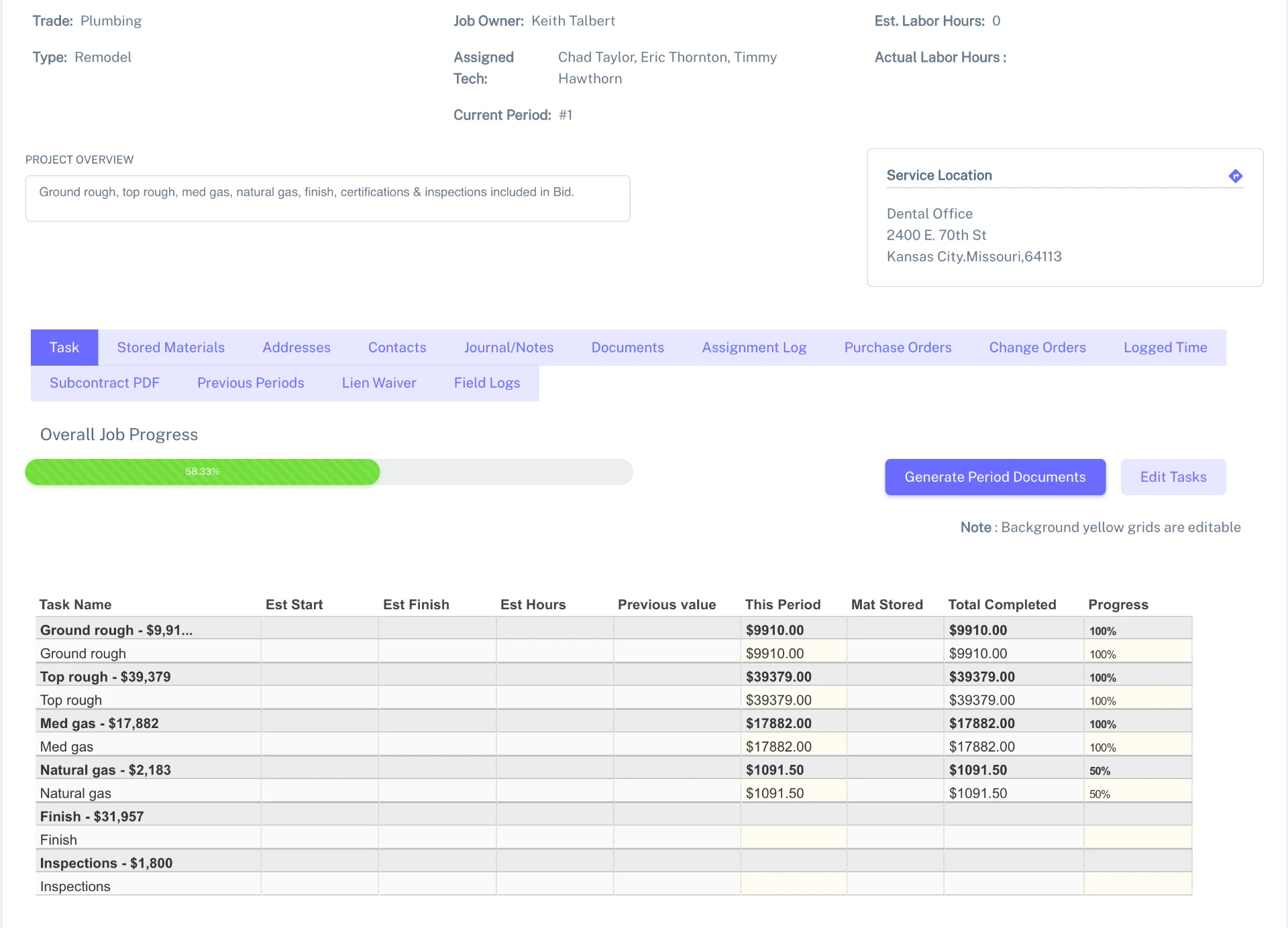 Bid job page showing period-based billing with task progress, amounts completed this period, and overall job progress.