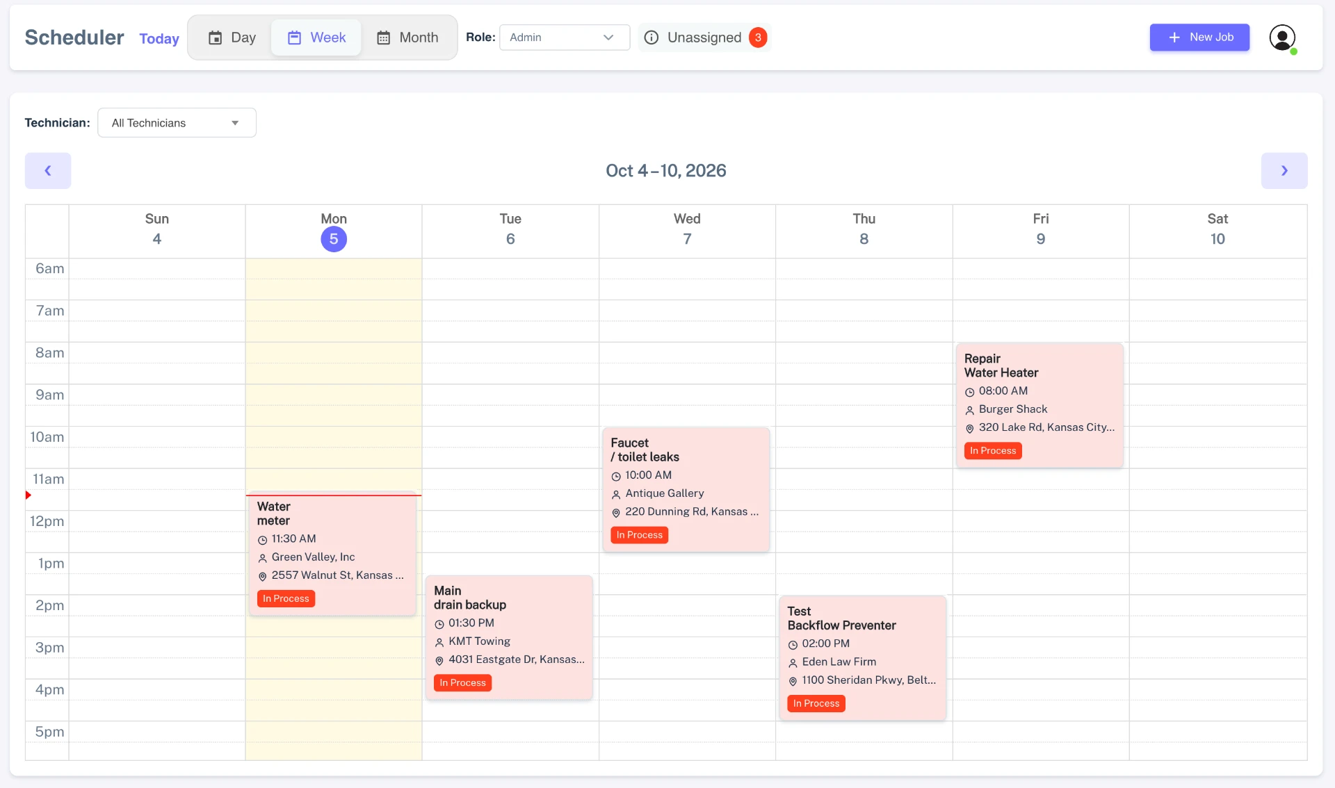 Weekly scheduler calendar showing assigned jobs with times, customers, addresses, and status.