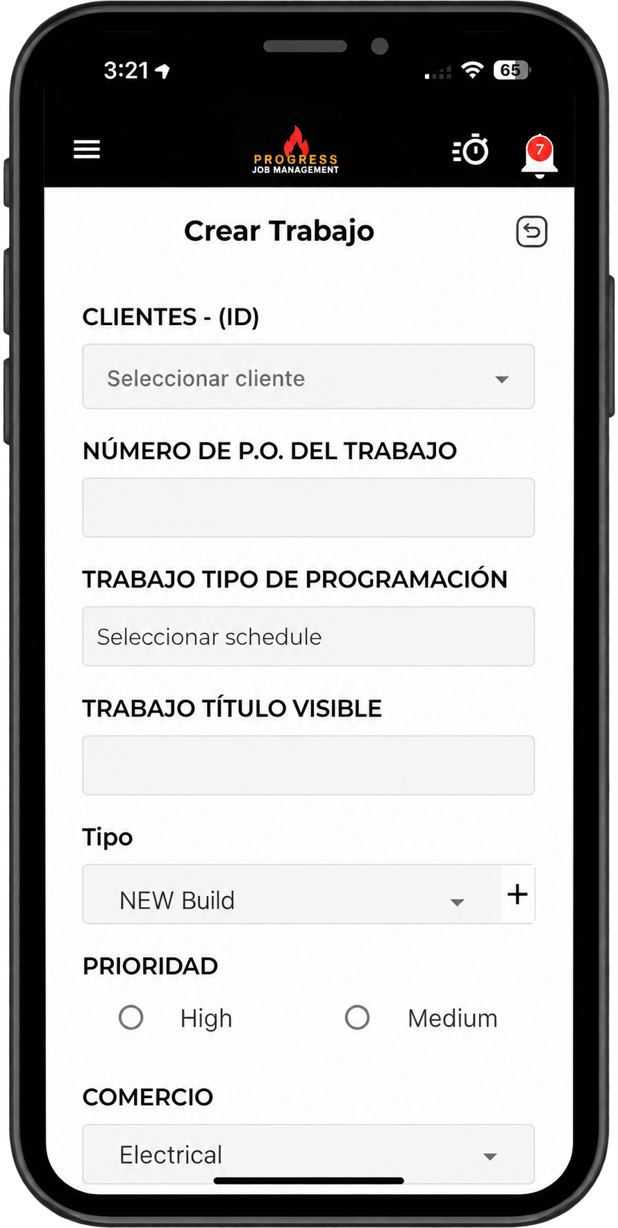 Mobile app in Spanish showing the create job form with client, PO number, schedule, type, priority, and trade fields.