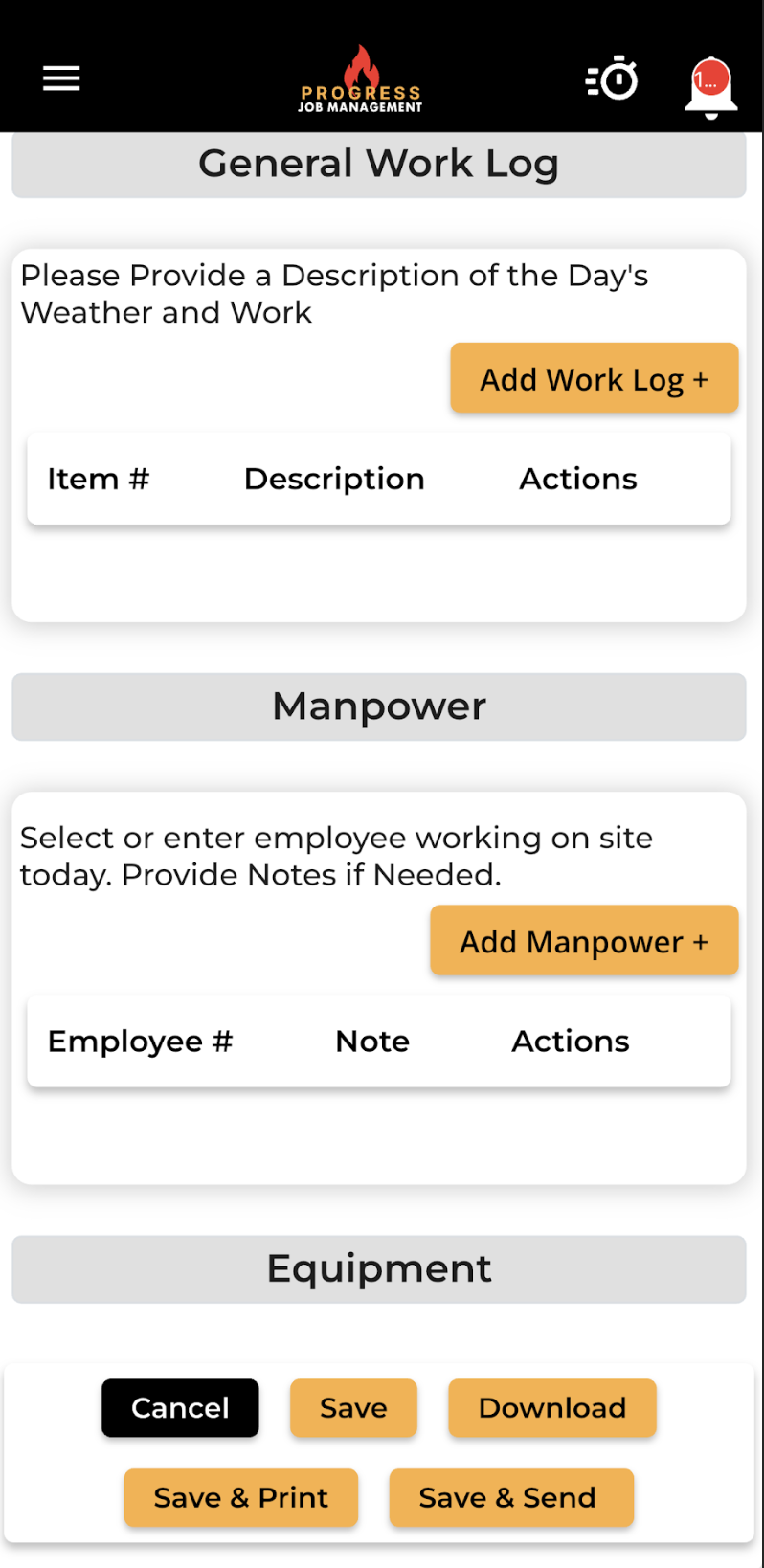 Mobile app field log form with work log, manpower, and equipment sections and save, print, and send options.