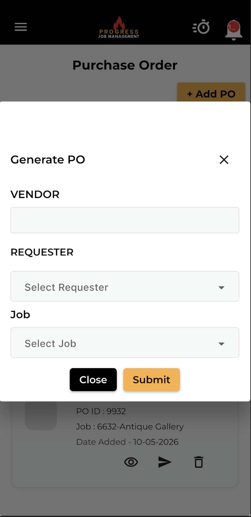 Mobile app view of the Generate PO form with vendor, requester, and job fields.