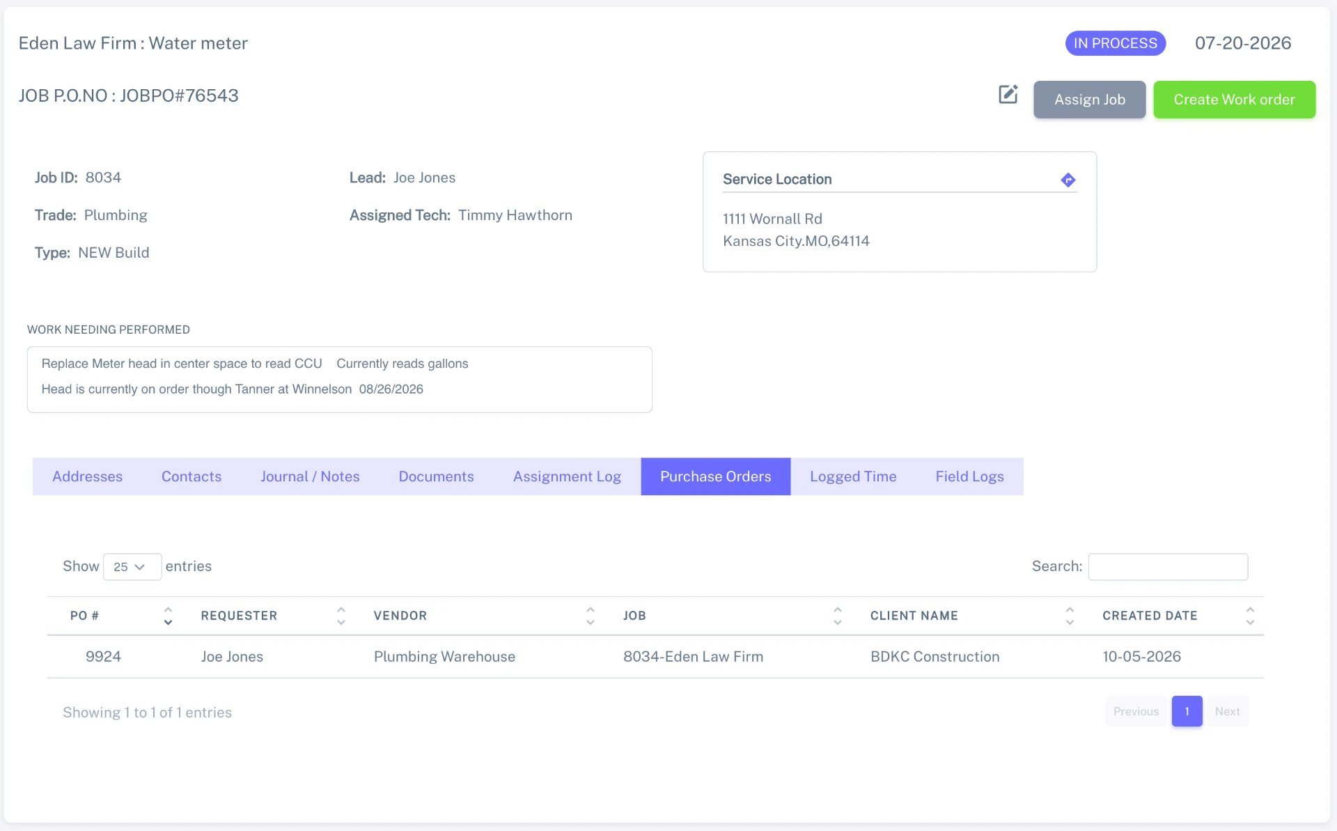 Job detail page showing job information, service location, and purchase orders.