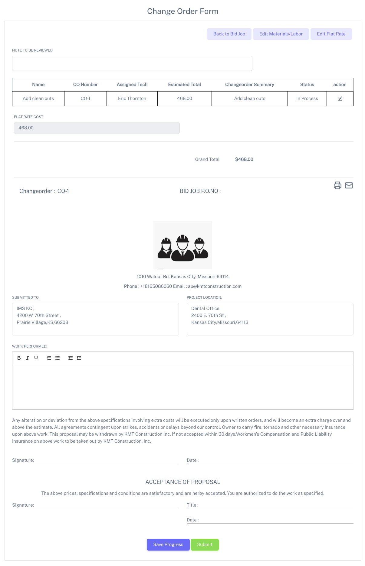 Change order form showing the change order details, grand total, project location, terms, and signature lines.