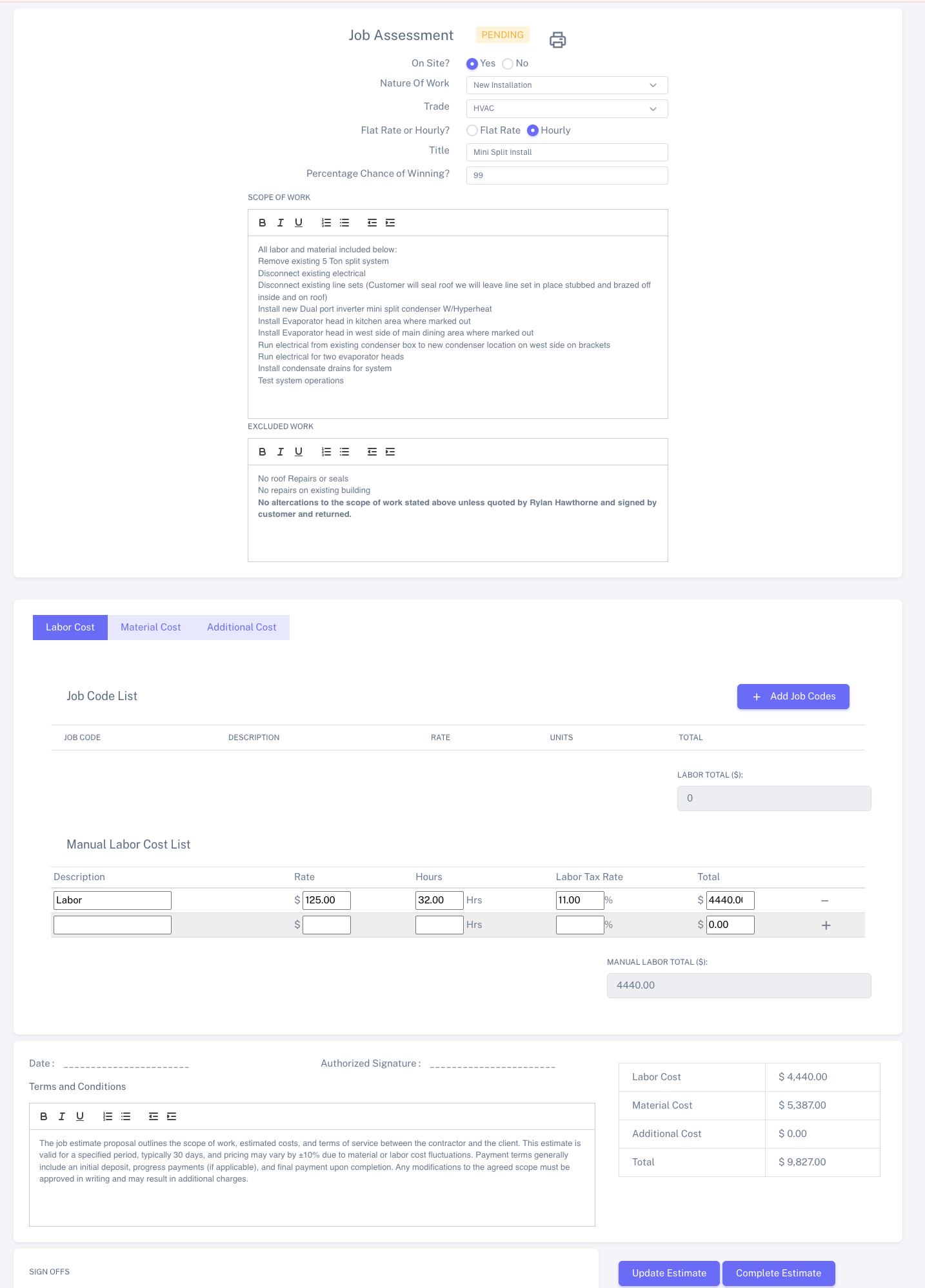 Progress estimate builder showing job assessment details, scope and excluded work, labor and material cost breakdown by job code, and a total cost summary of $9,827.00