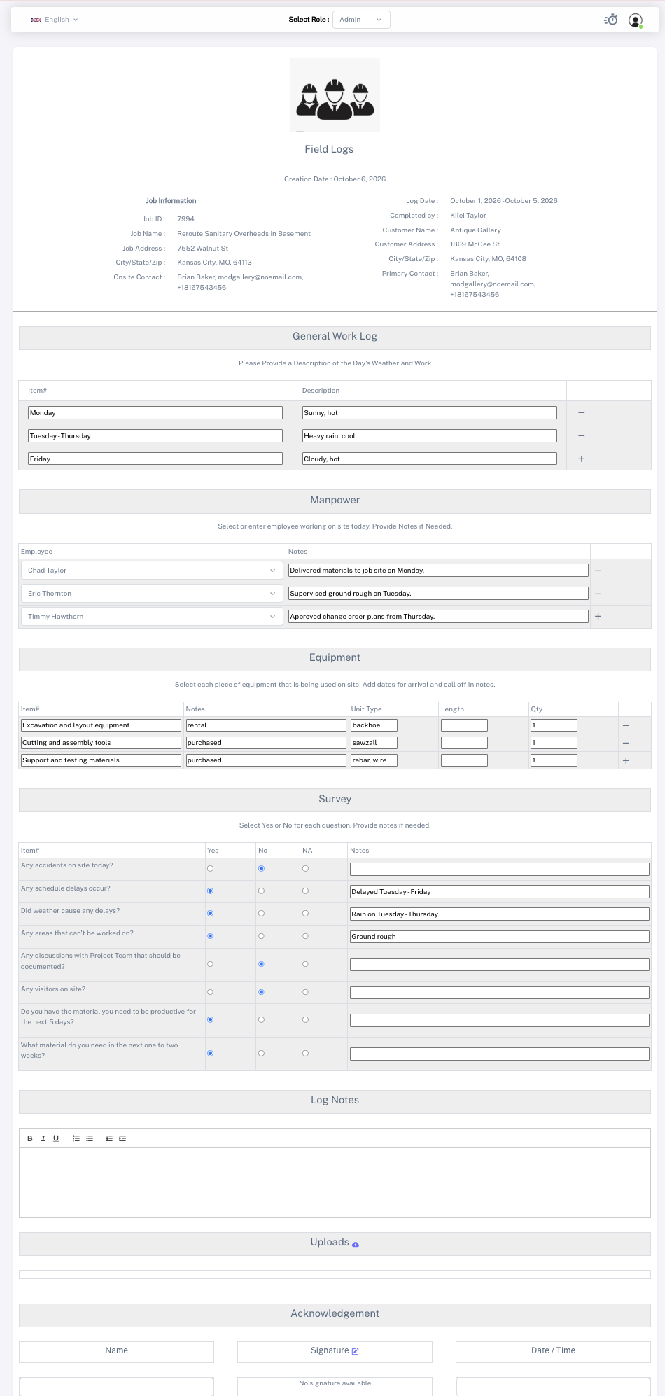Field log report showing job information, daily weather and work log, manpower, equipment, site survey, log notes, uploads, and acknowledgement.