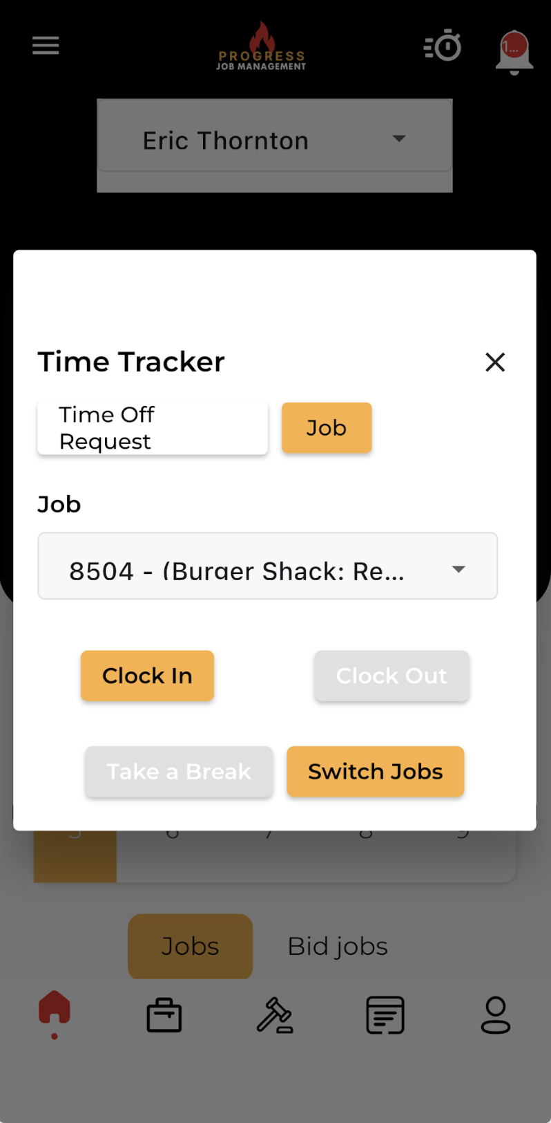 Mobile app time tracker with clock in, clock out, break, and switch jobs controls.