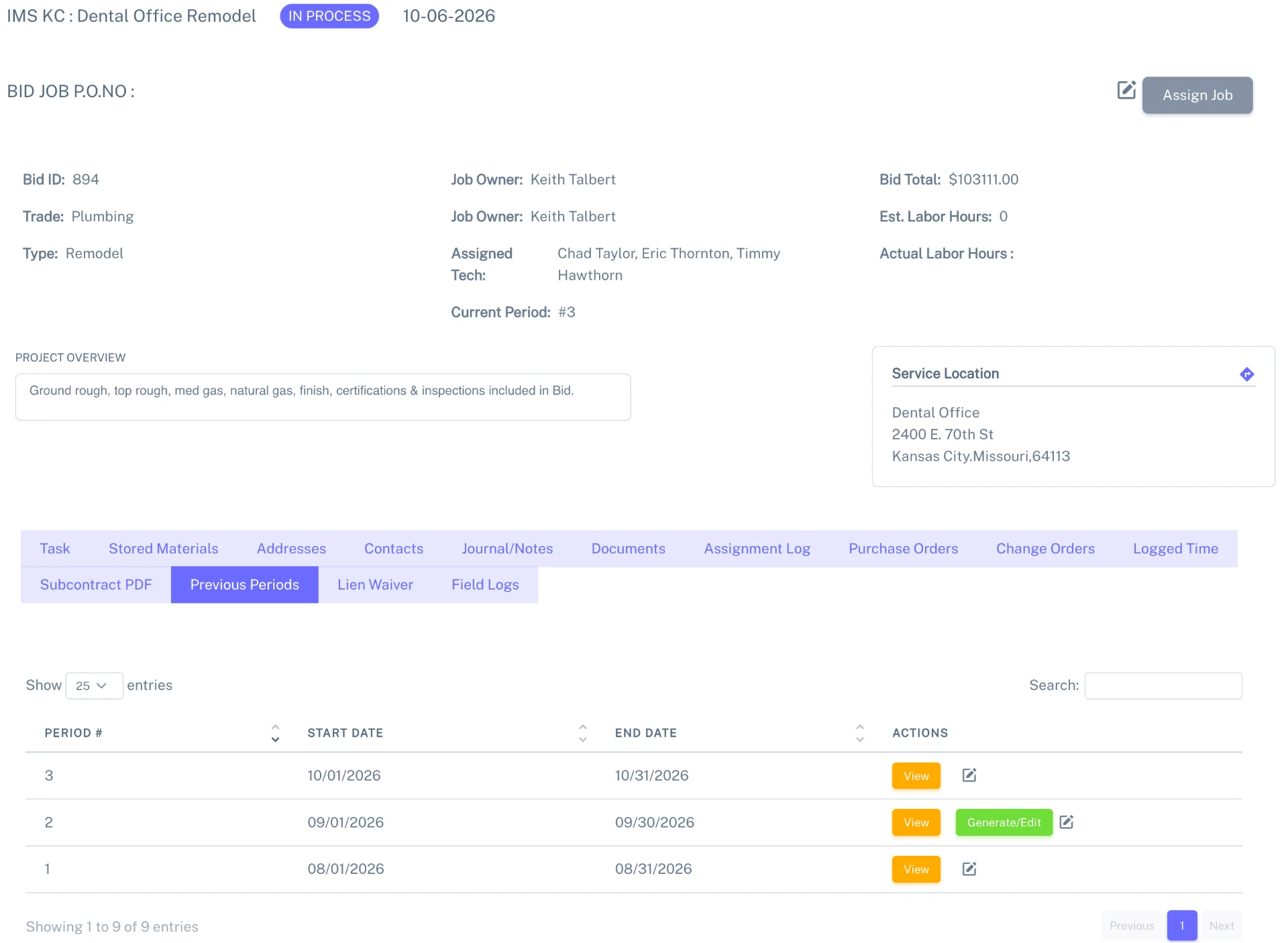 Bid job page showing billing periods with start and end dates and options to view or generate each payment application.