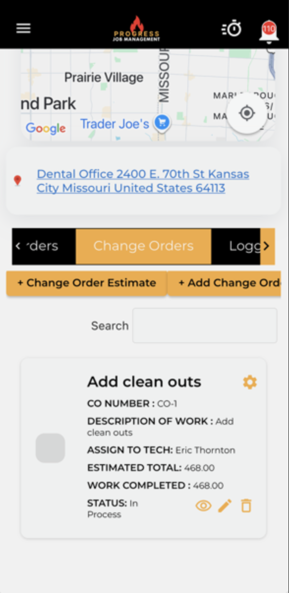Mobile app view of a job's change orders with estimated total, work completed, and status.