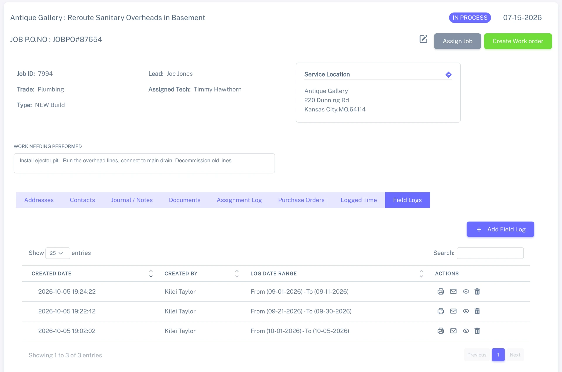 Job detail page showing field logs with date ranges and print, email, and view options.