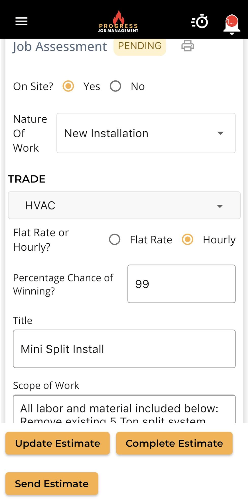 Mobile app view of a job assessment estimate form with trade, pricing type, title, and scope of work.