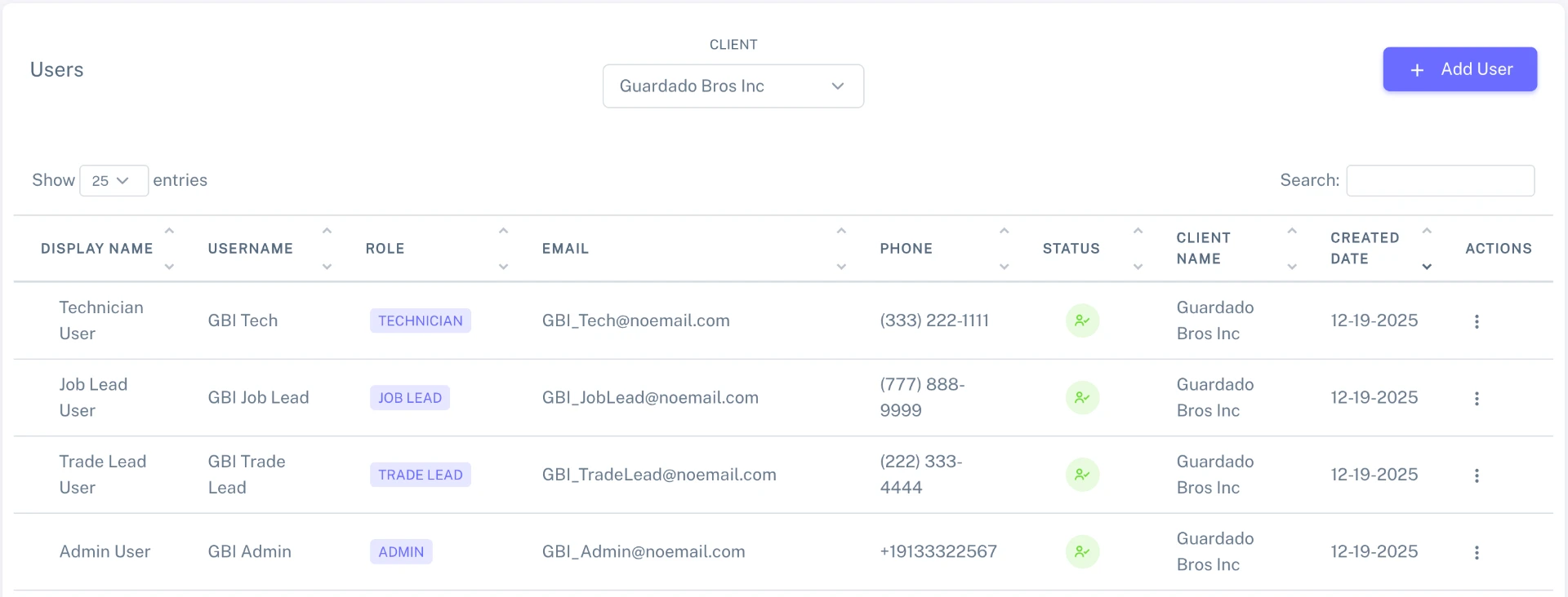 Users list showing team members with Technician, Job Lead, Trade Lead, and Admin roles, filtered by client with an Add User button.