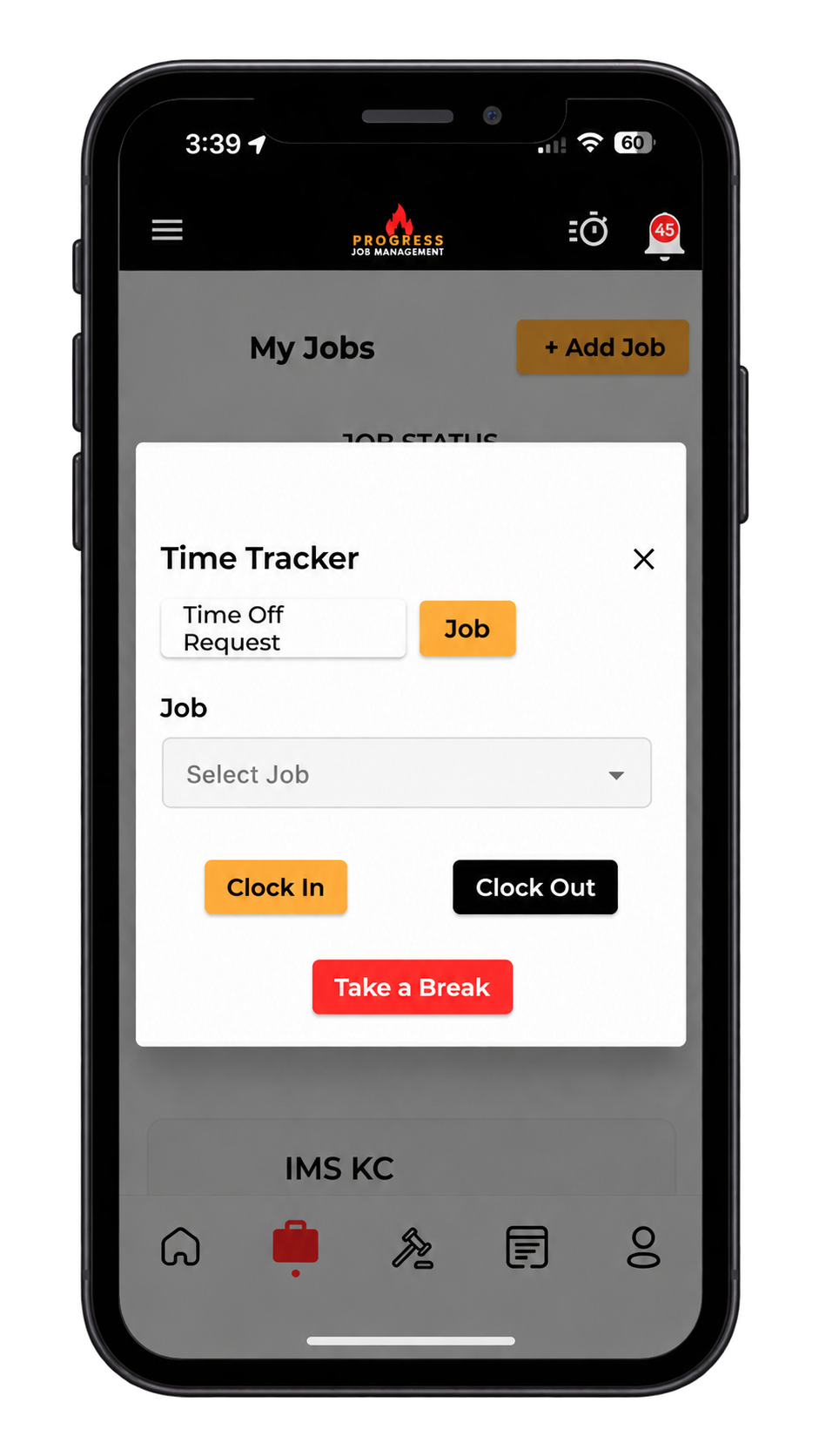Progress mobile app Time Tracker modal with a job selector dropdown and Clock In, Clock Out and Take a Break buttons