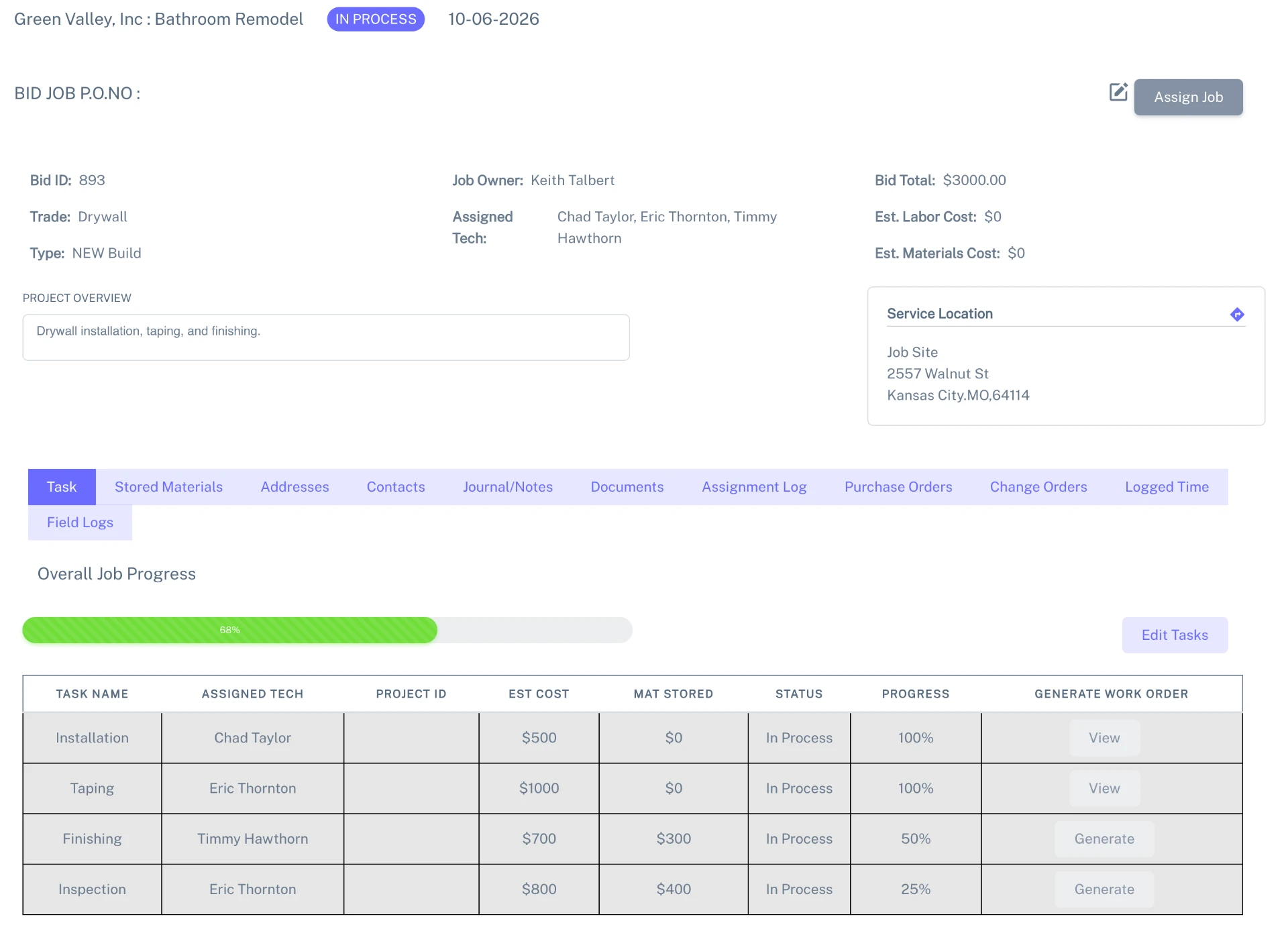 Bid job page showing bid total, assigned techs, overall job progress, and a task breakdown with estimated costs and work orders.