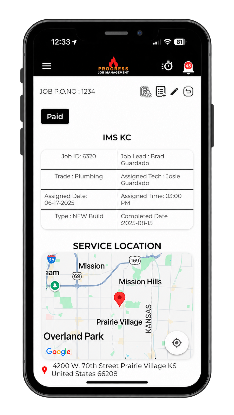 Progress mobile app showing the IMS KC job detail with job ID, job lead, trade, assigned tech, assigned and completed dates, and a Service Location map pin